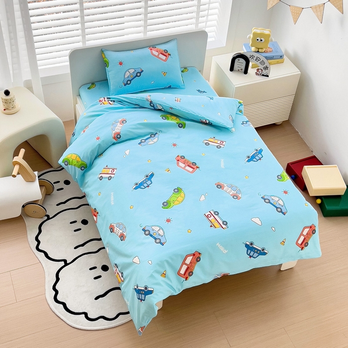 91家纺网 家纺一手货源 找家纺 2025年新款幼儿园全棉被子三件套宝宝入园纯棉六件套被褥午睡被套汽车世界-蓝