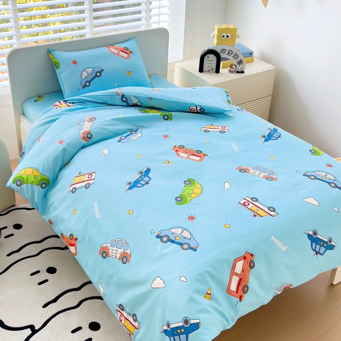 91家纺网 家纺一手货源 找家纺 2025年新款幼儿园全棉被子三件套宝宝入园纯棉六件套被褥午睡被套汽车世界-蓝