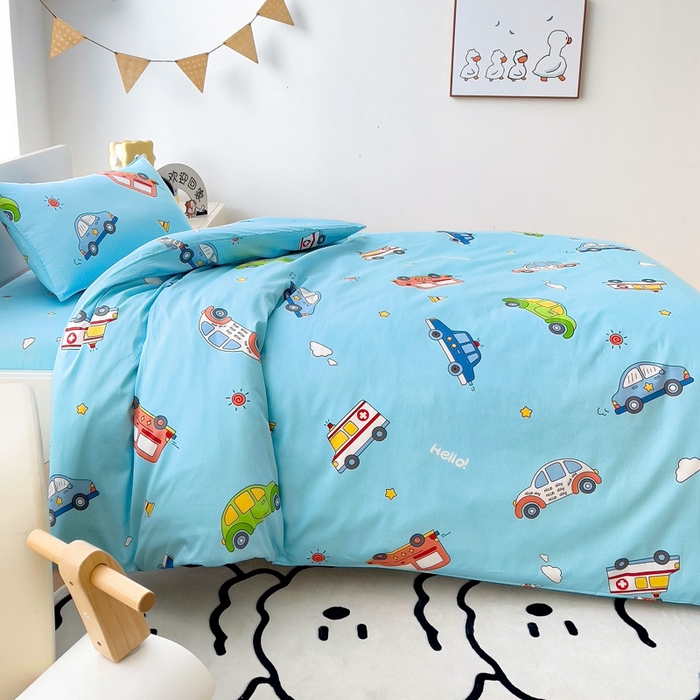 91家纺网 家纺一手货源 找家纺 2025年新款幼儿园全棉被子三件套宝宝入园纯棉六件套被褥午睡被套汽车世界-蓝