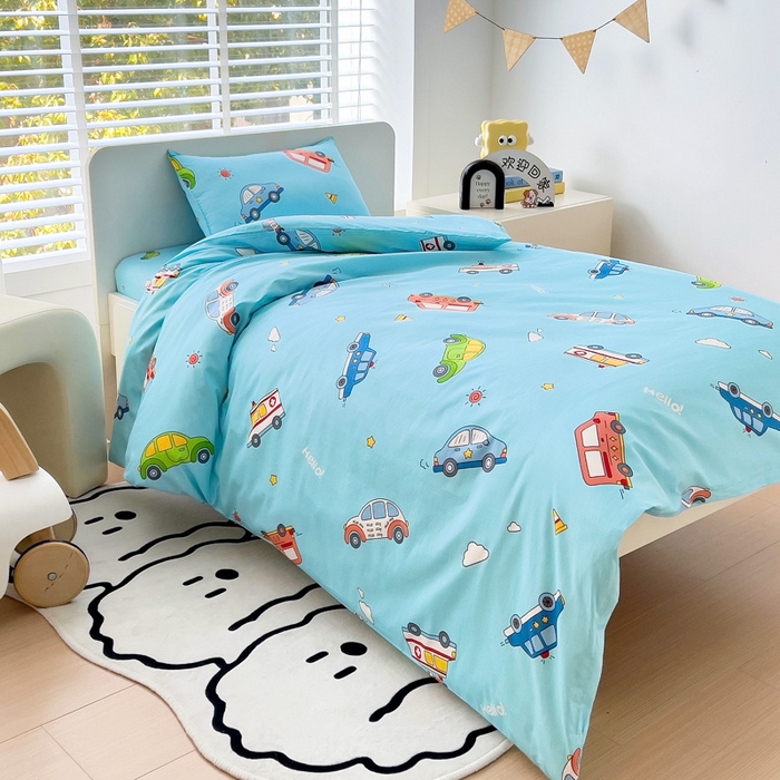 91家纺网 家纺一手货源 找家纺 2025年新款幼儿园全棉被子三件套宝宝入园纯棉六件套被褥午睡被套汽车世界-蓝