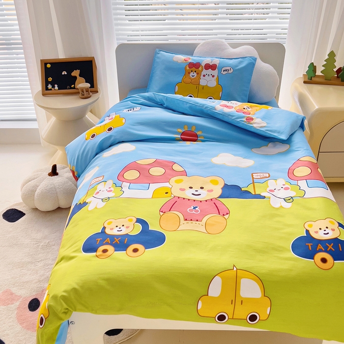 91家纺网 家纺一手货源 找家纺 2025年新款幼儿园全棉被子三件套宝宝入园纯棉六件套被褥午睡被套汽车小熊