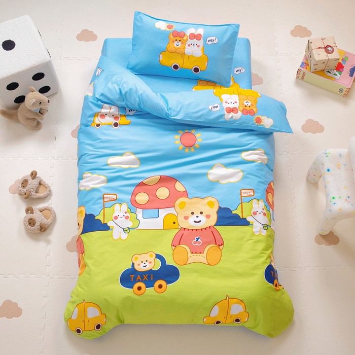 91家纺网 家纺一手货源 找家纺 2025年新款幼儿园全棉被子三件套宝宝入园纯棉六件套被褥午睡被套汽车小熊