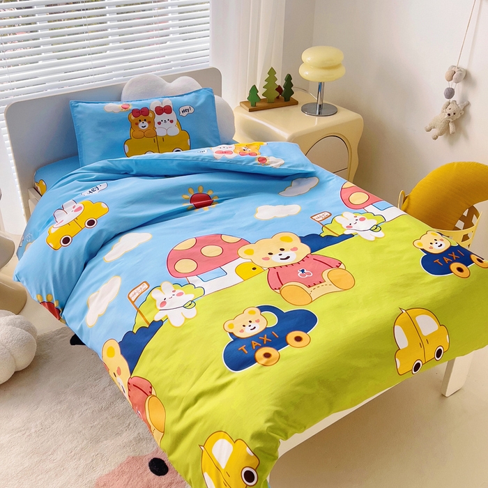 91家纺网 家纺一手货源 找家纺 2025年新款幼儿园全棉被子三件套宝宝入园纯棉六件套被褥午睡被套汽车小熊