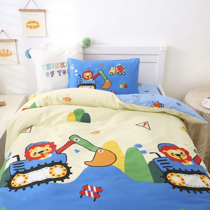 91家纺网 家纺一手货源 找家纺 2025年新款幼儿园全棉被子三件套宝宝入园纯棉六件套被褥午睡被套狮子挖机