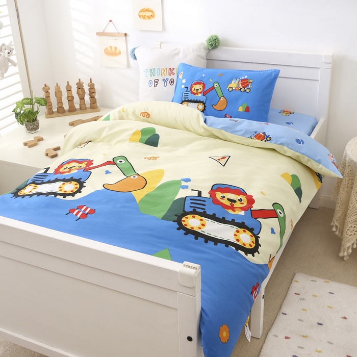 91家纺网 家纺一手货源 找家纺 2025年新款幼儿园全棉被子三件套宝宝入园纯棉六件套被褥午睡被套狮子挖机