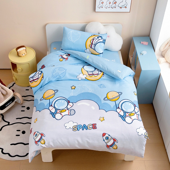 91家纺网 家纺一手货源 找家纺 2025年新款幼儿园全棉被子三件套宝宝入园纯棉六件套被褥午睡被套太空旅行