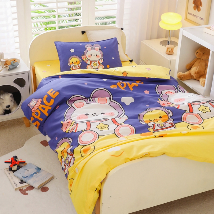 91家纺网 家纺一手货源 找家纺 2025年新款幼儿园全棉被子三件套宝宝入园纯棉六件套被褥午睡被套太空兔