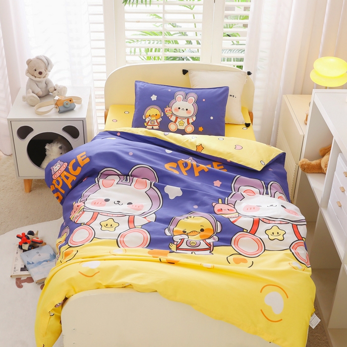 91家纺网 家纺一手货源 找家纺 2025年新款幼儿园全棉被子三件套宝宝入园纯棉六件套被褥午睡被套太空兔