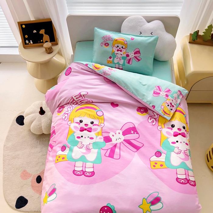 91家纺网 家纺一手货源 找家纺 2025年新款幼儿园全棉被子三件套宝宝入园纯棉六件套被褥午睡被套甜心女孩