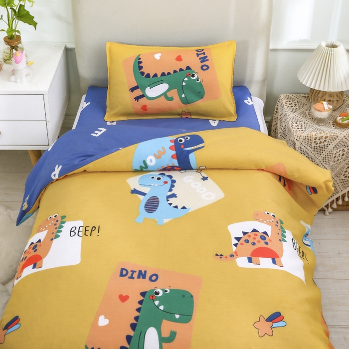 91家纺网 家纺一手货源 找家纺 2025年新款幼儿园全棉被子三件套宝宝入园纯棉六件套被褥午睡被套涂鸦恐龙-黄