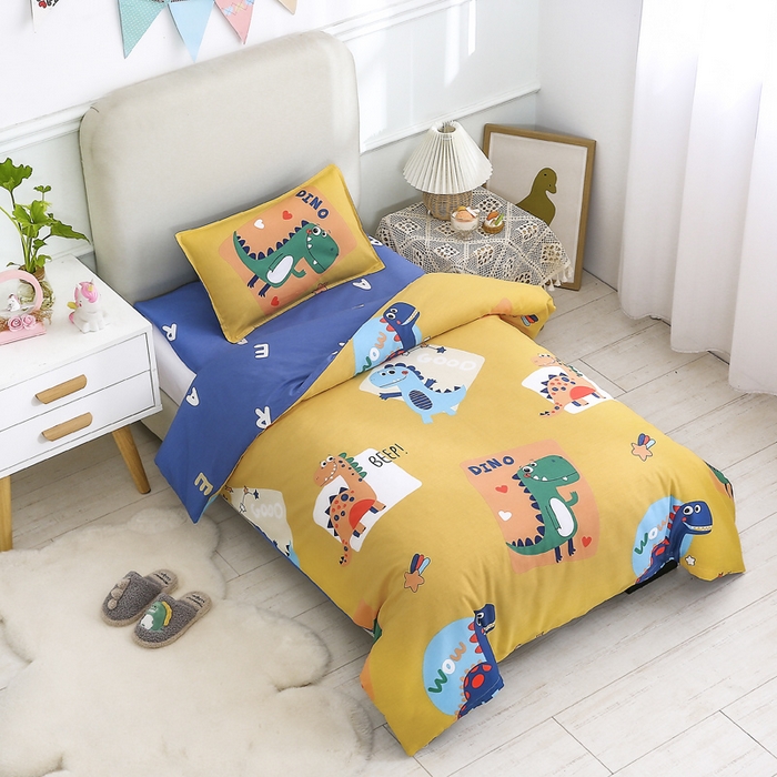 91家纺网 家纺一手货源 找家纺 2025年新款幼儿园全棉被子三件套宝宝入园纯棉六件套被褥午睡被套涂鸦恐龙-黄