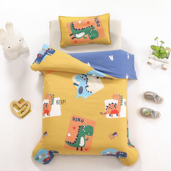91家纺网 家纺一手货源 找家纺 2025年新款幼儿园全棉被子三件套宝宝入园纯棉六件套被褥午睡被套涂鸦恐龙-黄