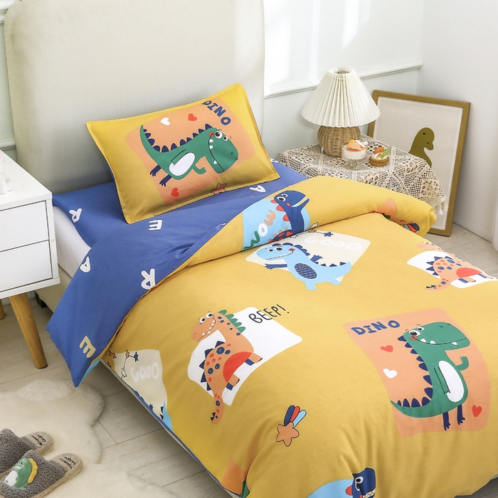91家纺网 家纺一手货源 找家纺 2025年新款幼儿园全棉被子三件套宝宝入园纯棉六件套被褥午睡被套涂鸦恐龙-黄