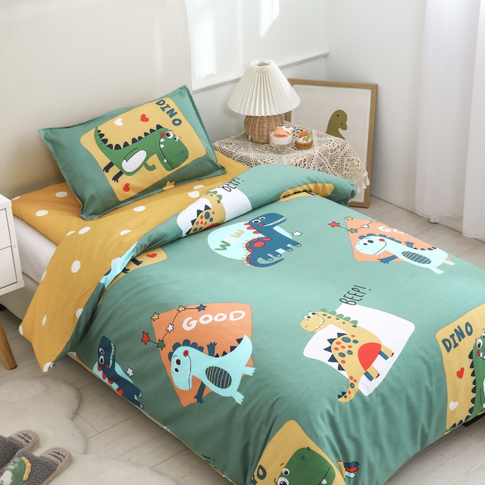 91家纺网 家纺一手货源 找家纺 2025年新款幼儿园全棉被子三件套宝宝入园纯棉六件套被褥午睡被套涂鸦恐龙-绿