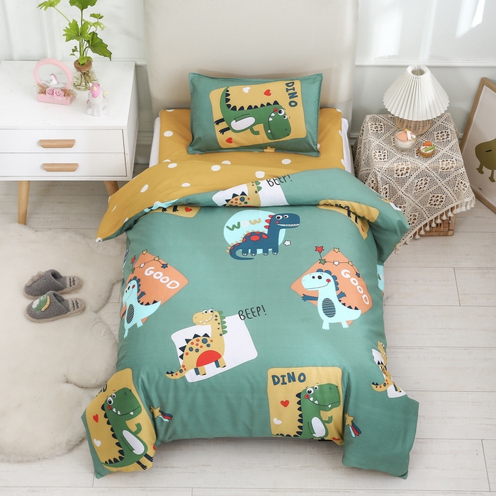 2025年新款幼儿园全棉被子三件套宝宝入园纯棉六件套被褥午睡被套涂鸦恐龙-绿