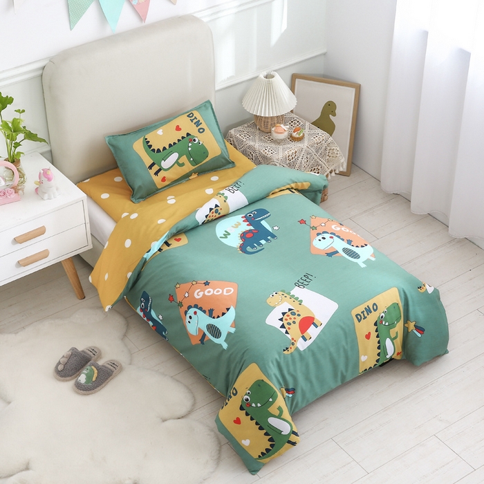 91家纺网 家纺一手货源 找家纺 2025年新款幼儿园全棉被子三件套宝宝入园纯棉六件套被褥午睡被套涂鸦恐龙-绿