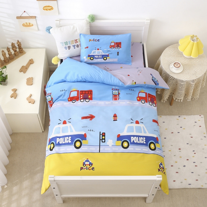 2025年新款幼儿园全棉被子三件套宝宝入园纯棉六件套被褥午睡被套消防警车