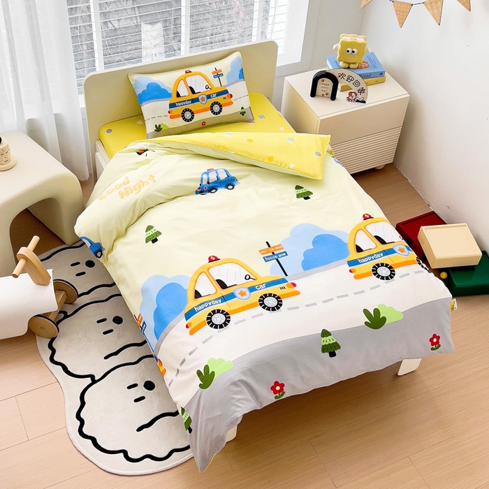 91家纺网 家纺一手货源 找家纺 2025年新款幼儿园全棉被子三件套宝宝入园纯棉六件套被褥午睡被套小面包车