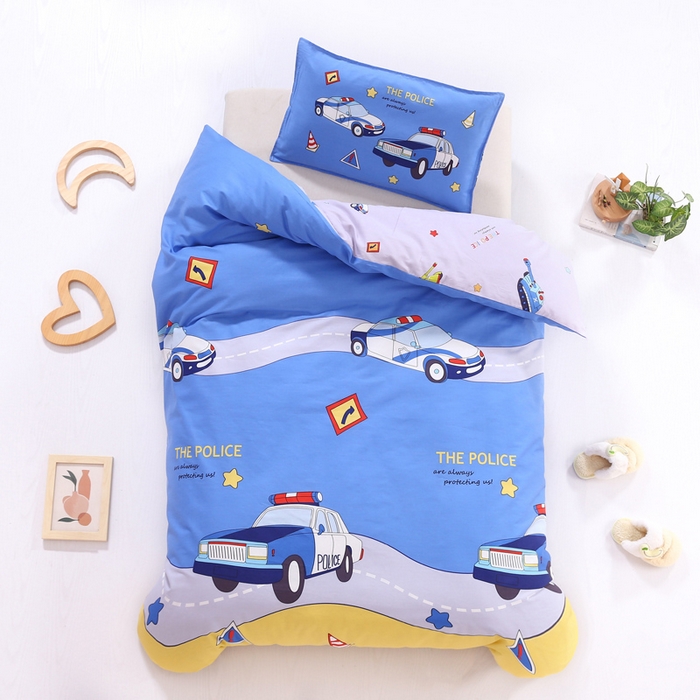 91家纺网 家纺一手货源 找家纺 2025年新款幼儿园全棉被子三件套宝宝入园纯棉六件套被褥午睡被套巡逻警车