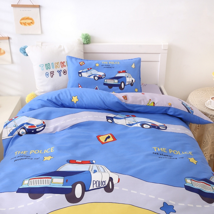 91家纺网 家纺一手货源 找家纺 2025年新款幼儿园全棉被子三件套宝宝入园纯棉六件套被褥午睡被套巡逻警车