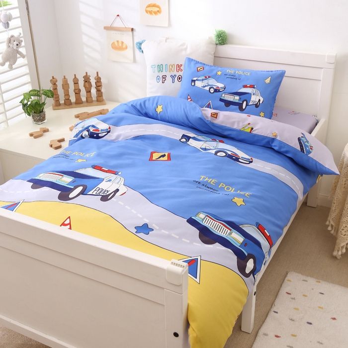 91家纺网 家纺一手货源 找家纺 2025年新款幼儿园全棉被子三件套宝宝入园纯棉六件套被褥午睡被套巡逻警车
