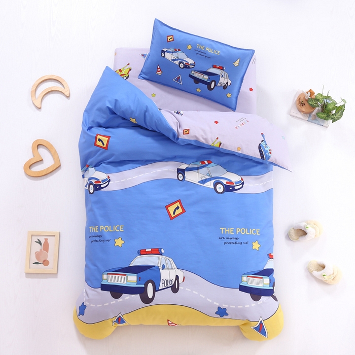 91家纺网 家纺一手货源 找家纺 2025年新款幼儿园全棉被子三件套宝宝入园纯棉六件套被褥午睡被套巡逻警车
