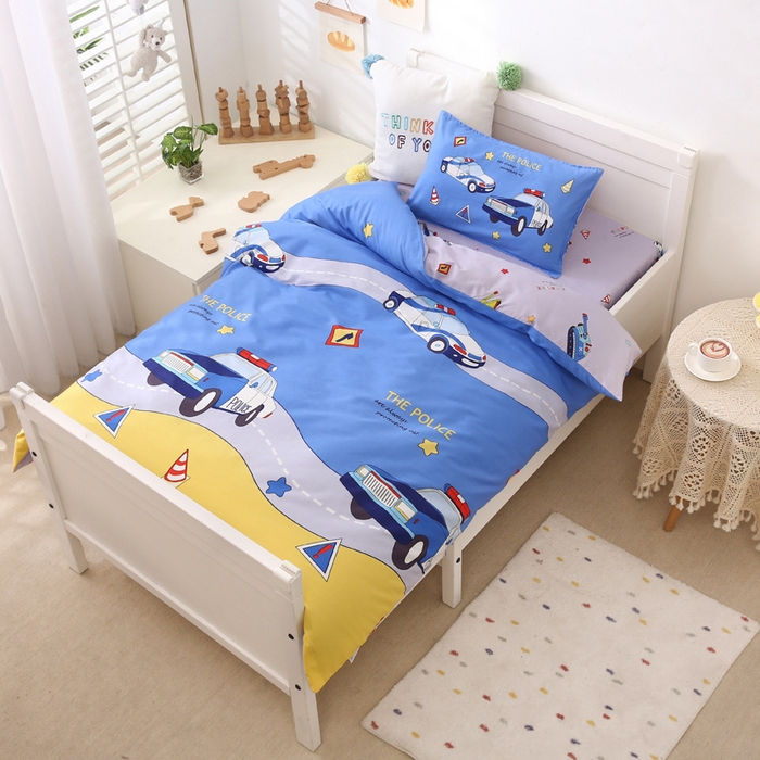 91家纺网 家纺一手货源 找家纺 2025年新款幼儿园全棉被子三件套宝宝入园纯棉六件套被褥午睡被套巡逻警车