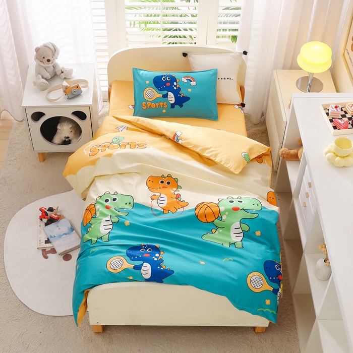 2025年新款幼儿园全棉被子三件套宝宝入园纯棉六件套被褥午睡被套运动恐龙