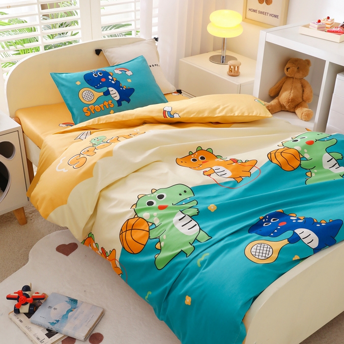 91家纺网 家纺一手货源 找家纺 2025年新款幼儿园全棉被子三件套宝宝入园纯棉六件套被褥午睡被套运动恐龙