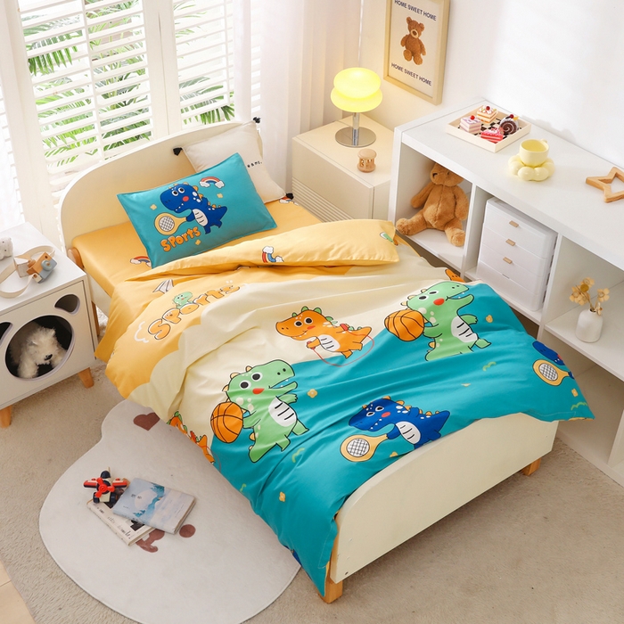 91家纺网 家纺一手货源 找家纺 2025年新款幼儿园全棉被子三件套宝宝入园纯棉六件套被褥午睡被套运动恐龙