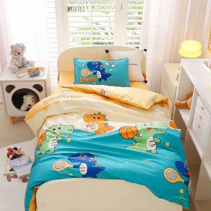 91家纺网 家纺一手货源 找家纺 2025年新款幼儿园全棉被子三件套宝宝入园纯棉六件套被褥午睡被套运动恐龙