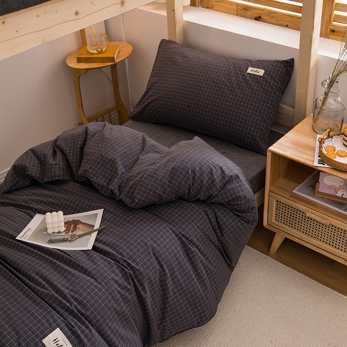 91家纺网 家纺一手货源 找家纺 柠萌家居 2025年新款色织A类学生宿舍床笠三件套床垫套 灰小格