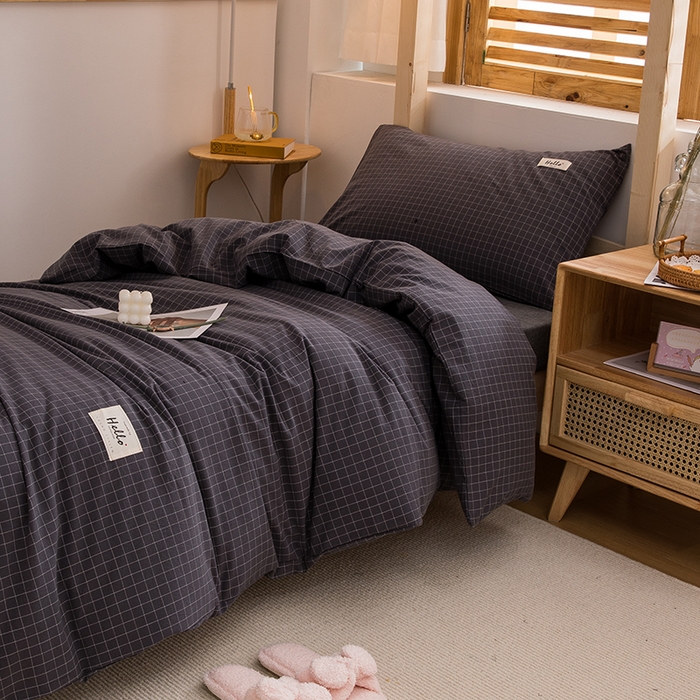 91家纺网 家纺一手货源 找家纺 柠萌家居 2025年新款色织A类学生宿舍床笠三件套床垫套 灰小格