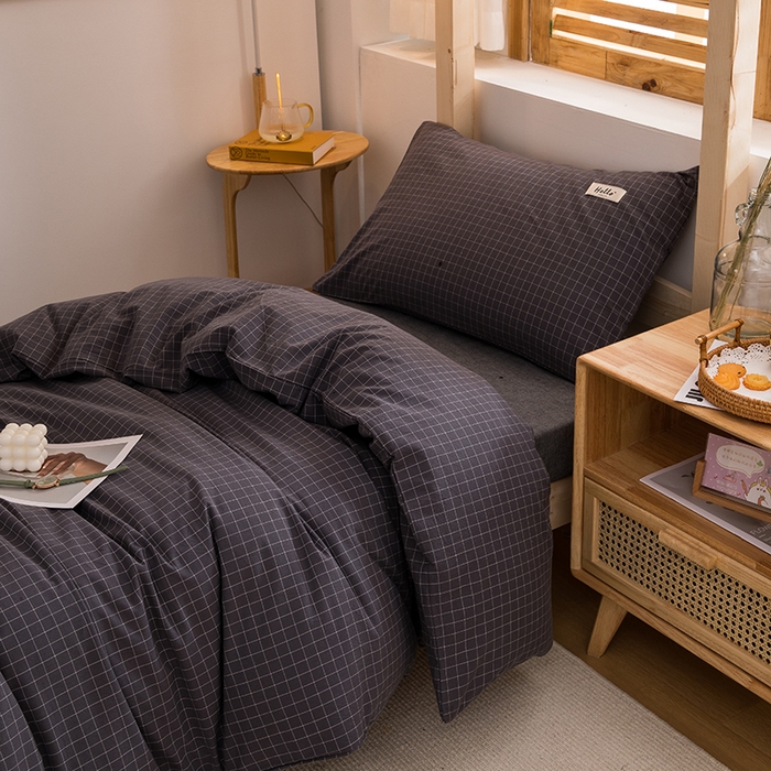91家纺网 家纺一手货源 找家纺 柠萌家居 2025年新款色织A类学生宿舍床笠三件套床垫套 灰小格