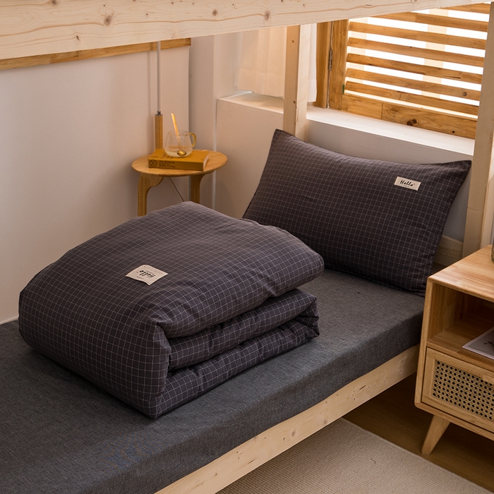 91家纺网 家纺一手货源 找家纺 柠萌家居 2025年新款色织A类学生宿舍床笠三件套床垫套 灰小格