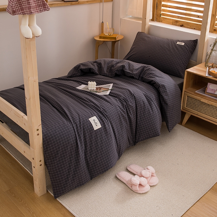 91家纺网 家纺一手货源 找家纺 柠萌家居 2025年新款色织A类学生宿舍床笠三件套床垫套 灰小格