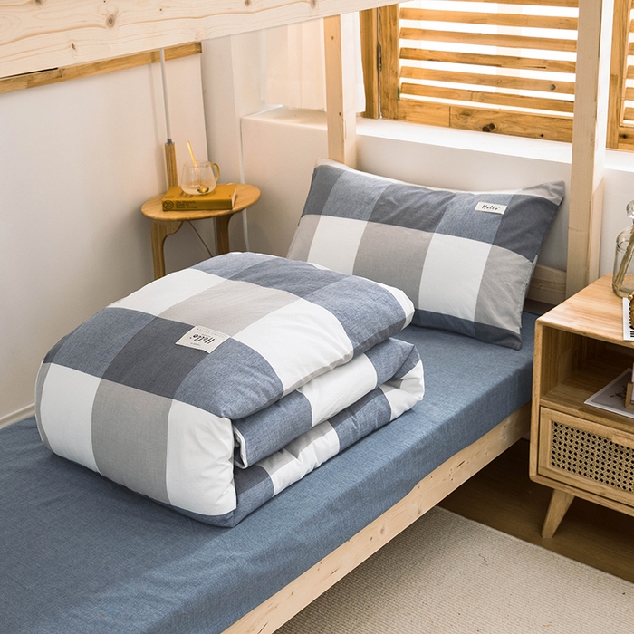 91家纺网 家纺一手货源 找家纺 柠萌家居 2025年新款色织A类学生宿舍床笠三件套床垫套 蓝大格