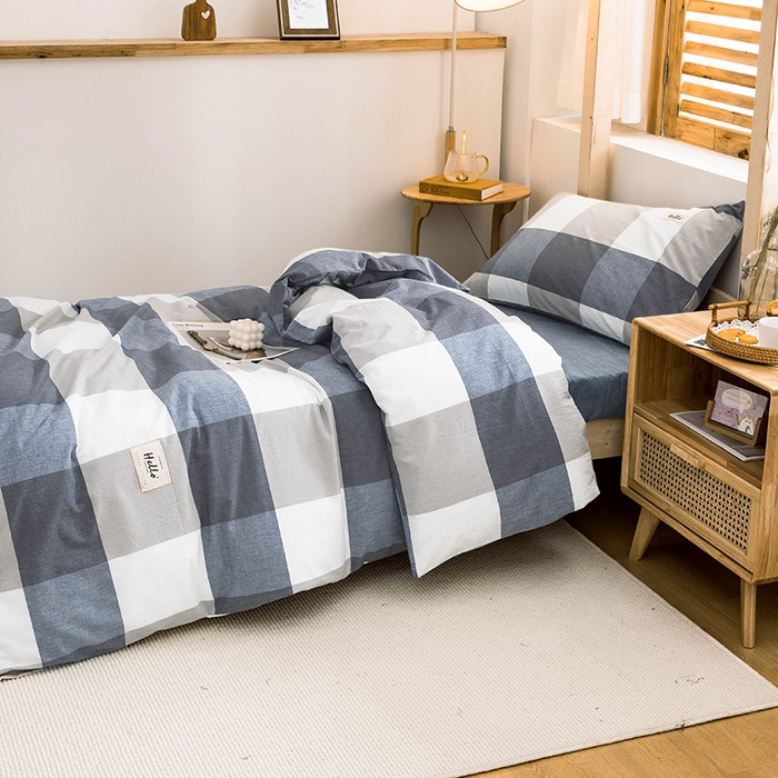 91家纺网 家纺一手货源 找家纺 柠萌家居 2025年新款色织A类学生宿舍床笠三件套床垫套 蓝大格