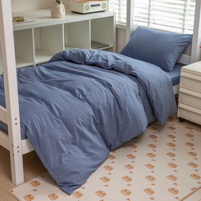 91家纺网 家纺一手货源 找家纺 柠萌家居 2025年新款色织A类学生宿舍床笠三件套床垫套 牛仔蓝