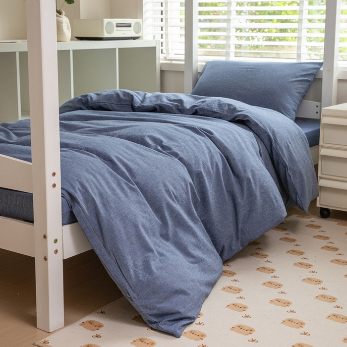 91家纺网 家纺一手货源 找家纺 柠萌家居 2025年新款色织A类学生宿舍床笠三件套床垫套 牛仔蓝