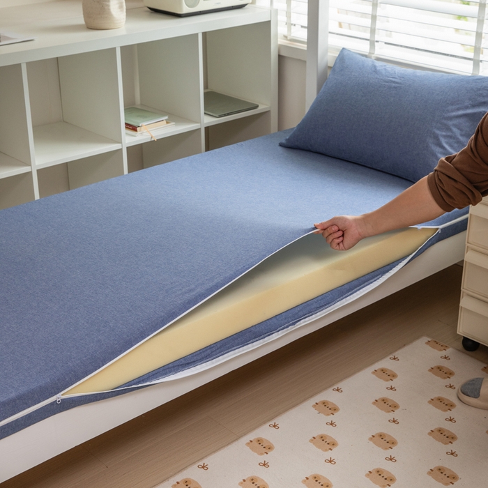 91家纺网 家纺一手货源 找家纺 柠萌家居 2025年新款色织A类学生宿舍床笠三件套床垫套 牛仔蓝