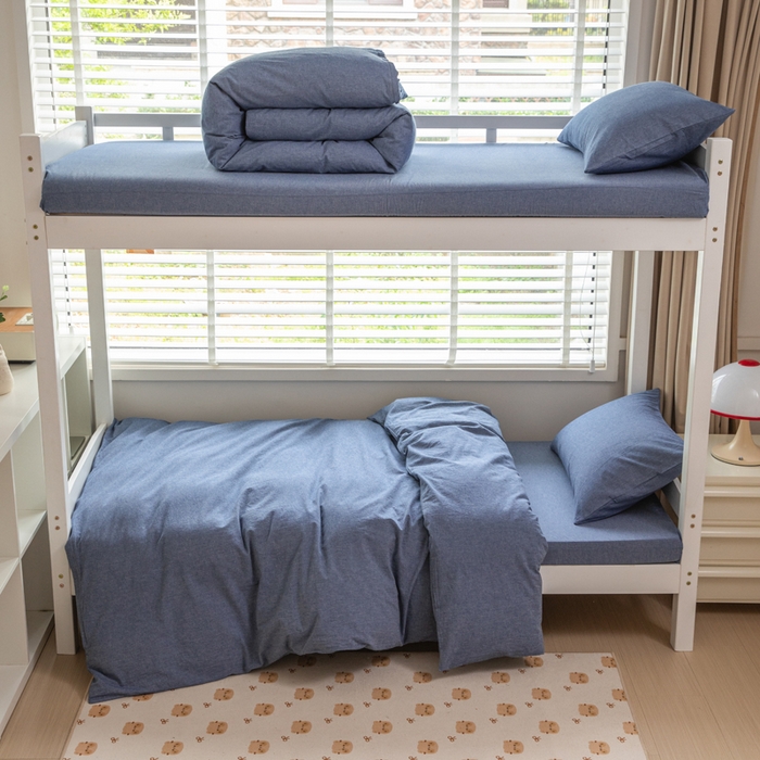 91家纺网 家纺一手货源 找家纺 柠萌家居 2025年新款色织A类学生宿舍床笠三件套床垫套 牛仔蓝