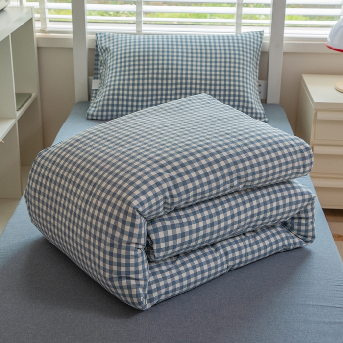 91家纺网 家纺一手货源 找家纺 柠萌家居 2025年新款色织A类学生宿舍床笠三件套床垫套 浅蓝小格