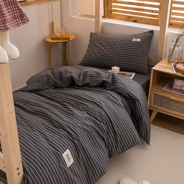 91家纺网 家纺一手货源 找家纺 柠萌家居 2025年新款色织A类学生宿舍床笠三件套床垫套 中条纹深灰