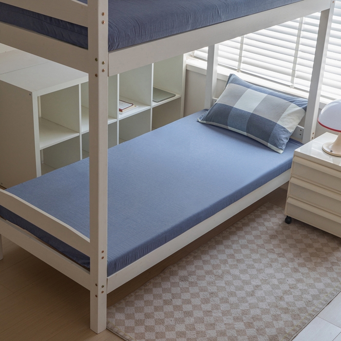 91家纺网 家纺一手货源 找家纺 柠萌家居 2025年新款色织A类学生宿舍床笠三件套床垫套 浅咖蓝