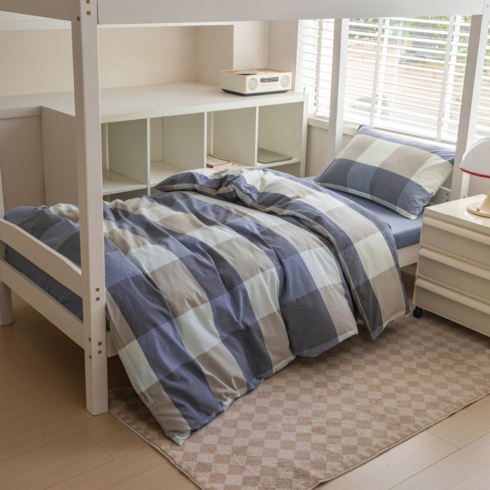 91家纺网 家纺一手货源 找家纺 柠萌家居 2025年新款色织A类学生宿舍床笠三件套床垫套 浅咖蓝