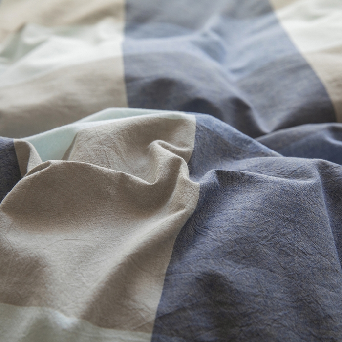 91家纺网 家纺一手货源 找家纺 柠萌家居 2025年新款色织A类学生宿舍床笠三件套床垫套 浅咖蓝