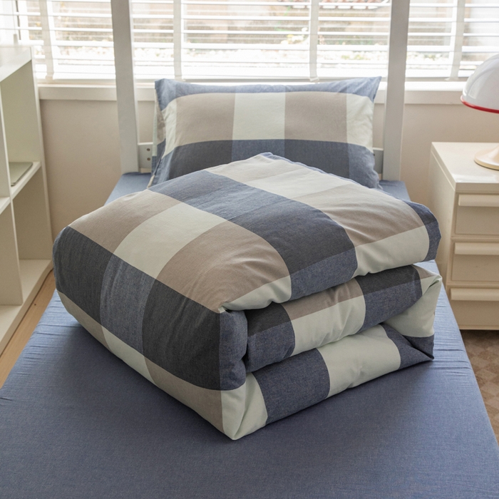 91家纺网 家纺一手货源 找家纺 柠萌家居 2025年新款色织A类学生宿舍床笠三件套床垫套 浅咖蓝