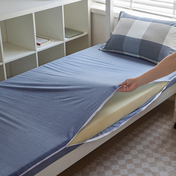 91家纺网 家纺一手货源 找家纺 柠萌家居 2025年新款色织A类学生宿舍床笠三件套床垫套 浅咖蓝