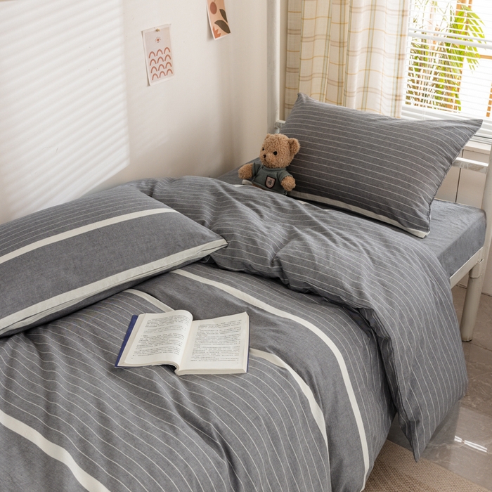 91家纺网 家纺一手货源 找家纺 柠萌家居 2025年新款色织A类学生宿舍床笠三件套床垫套 灰白条